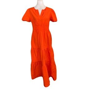 Quince Women’s Medium Orange Tiered V Neck Cotton Short Sleeve Maxi Dress